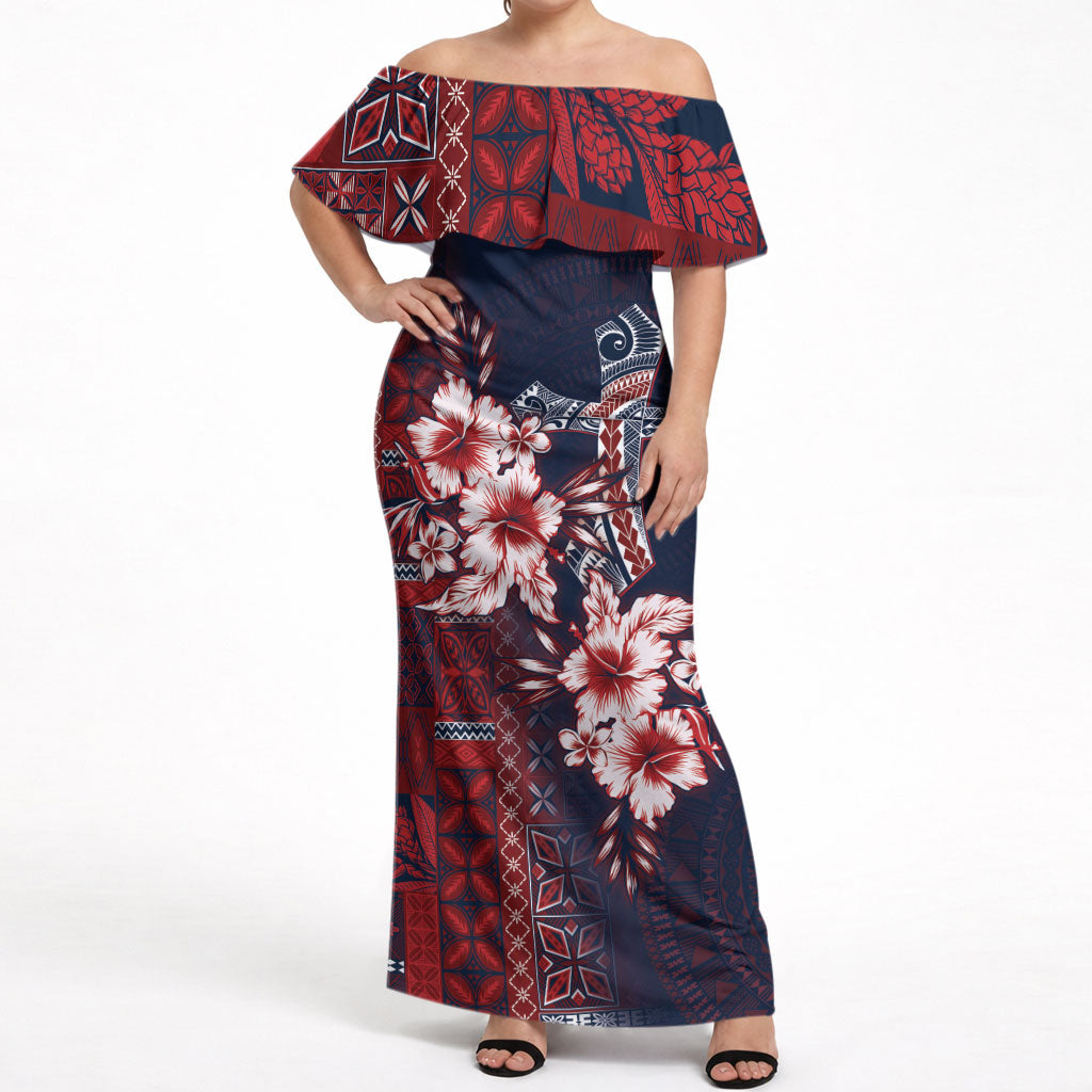Samoa AIGA Mamanu Siapo Malu Motifs Off Shoulder Maxi Dress Flag Color