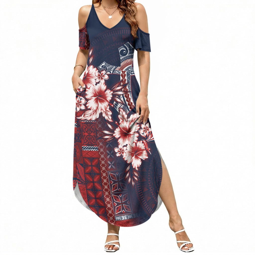 Samoa AIGA Mamanu Siapo Malu Motifs Summer Maxi Dress Flag Color LT7 Women Navy Blue - Polynesian Pride