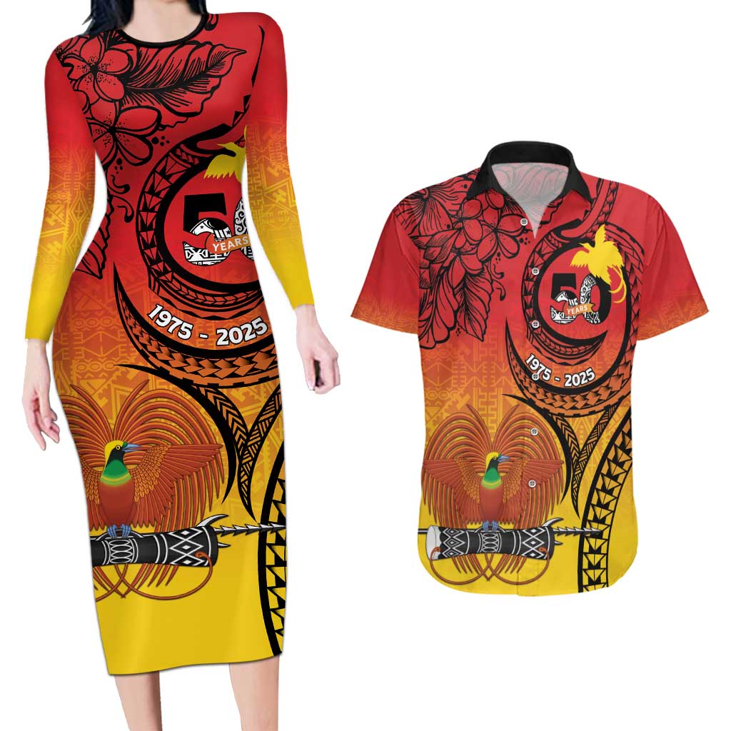 Papua New Guinea 50 Years Couples Matching Long Sleeve Bodycon Dress and Hawaiian Shirt Motuan Motifs