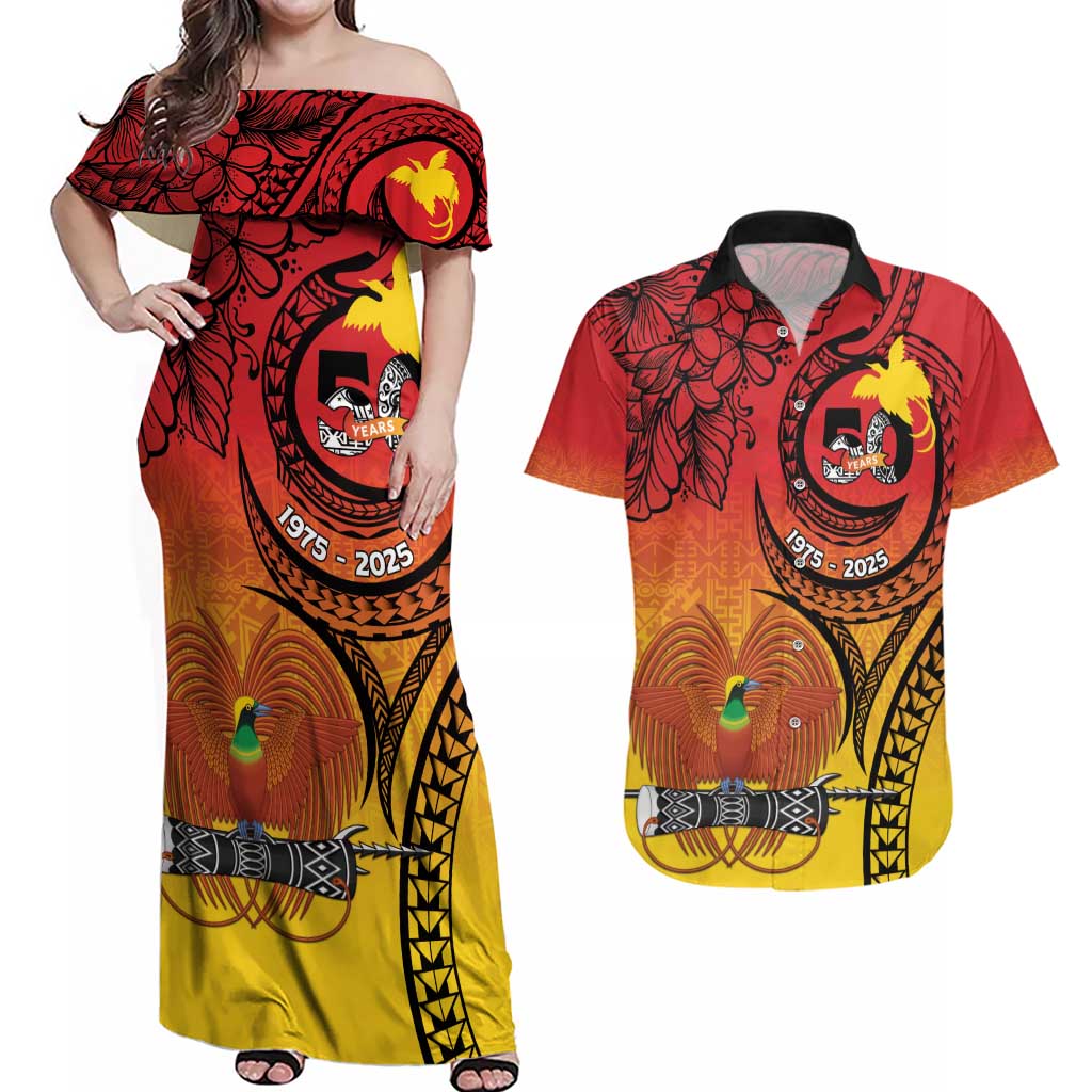 Papua New Guinea 50 Years Couples Matching Off Shoulder Maxi Dress and Hawaiian Shirt Motuan Motifs