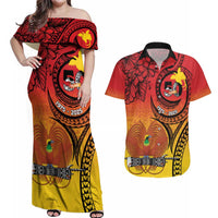 Papua New Guinea 50 Years Couples Matching Off Shoulder Maxi Dress and Hawaiian Shirt Motuan Motifs