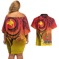 Papua New Guinea 50 Years Couples Matching Off Shoulder Short Dress and Hawaiian Shirt Motuan Motifs