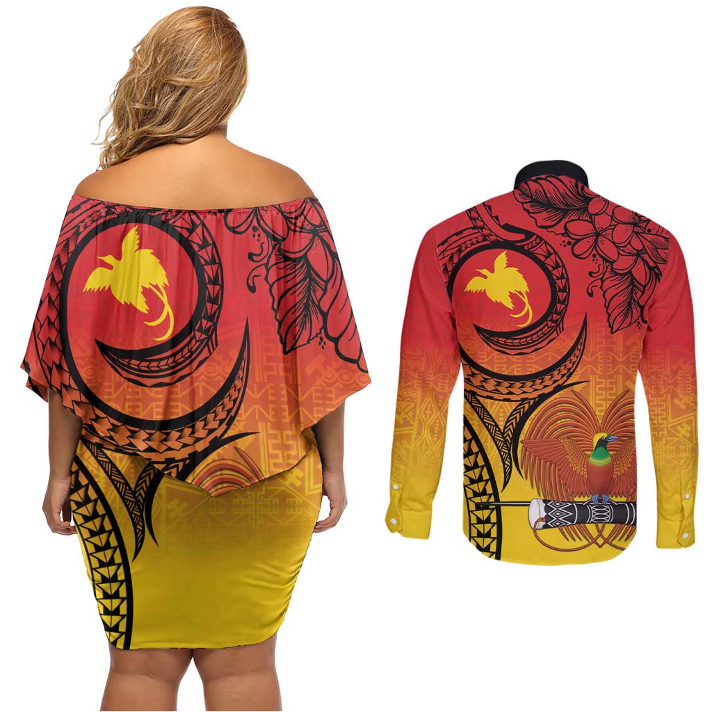 Papua New Guinea 50 Years Couples Matching Off Shoulder Short Dress and Long Sleeve Button Shirt Motuan Motifs