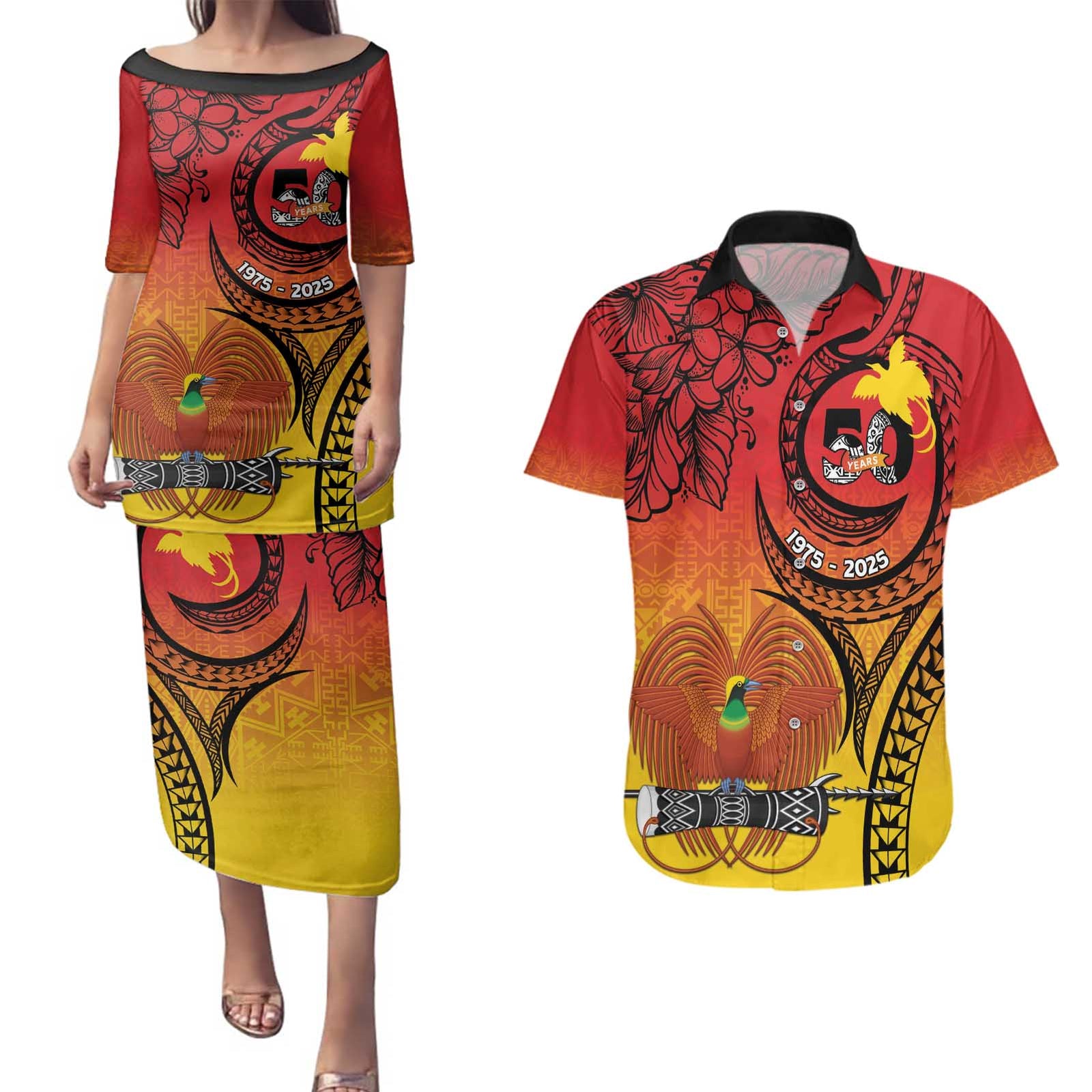 Papua New Guinea 50 Years Couples Matching Puletasi and Hawaiian Shirt Motuan Motifs