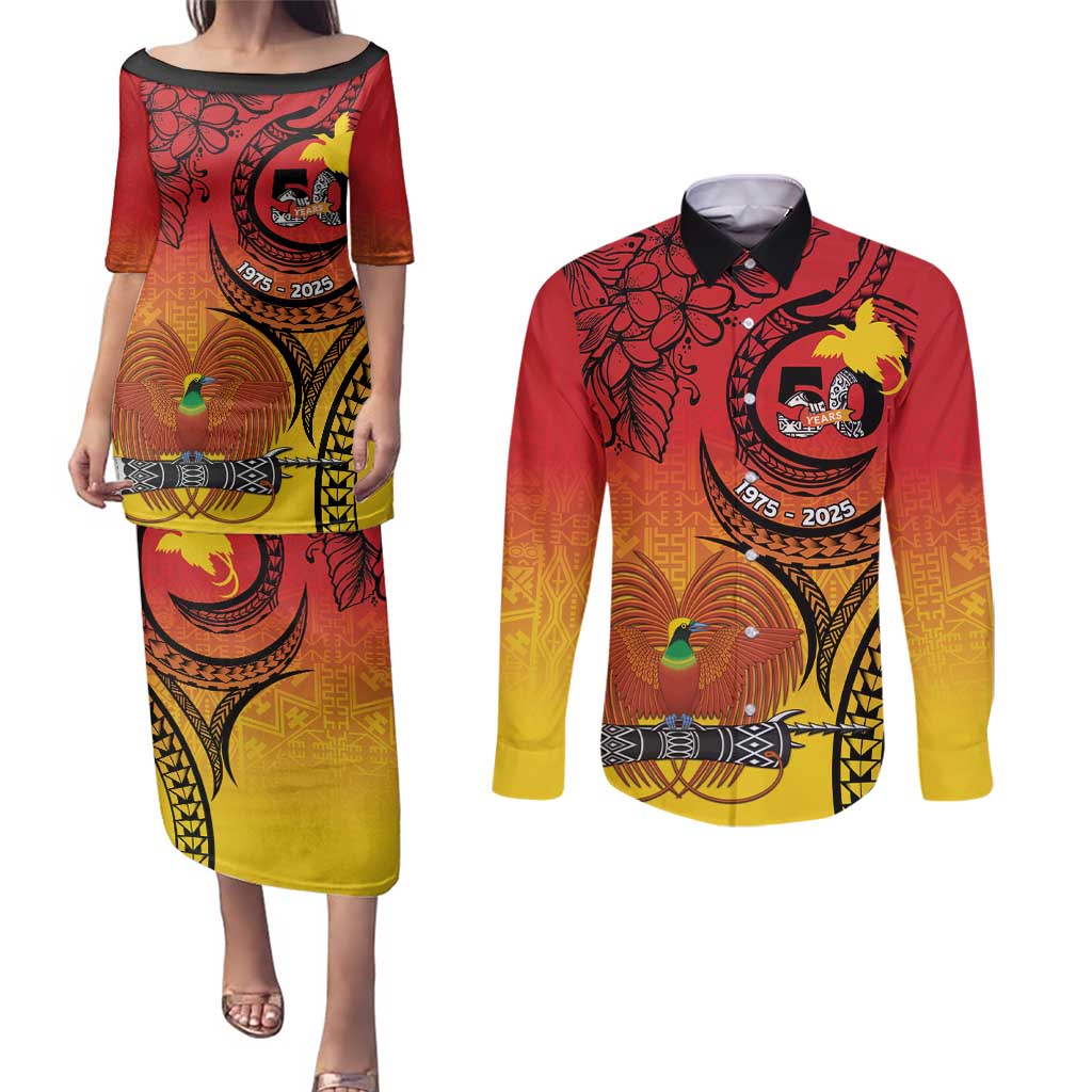 Papua New Guinea 50 Years Couples Matching Puletasi and Long Sleeve Button Shirt Motuan Motifs