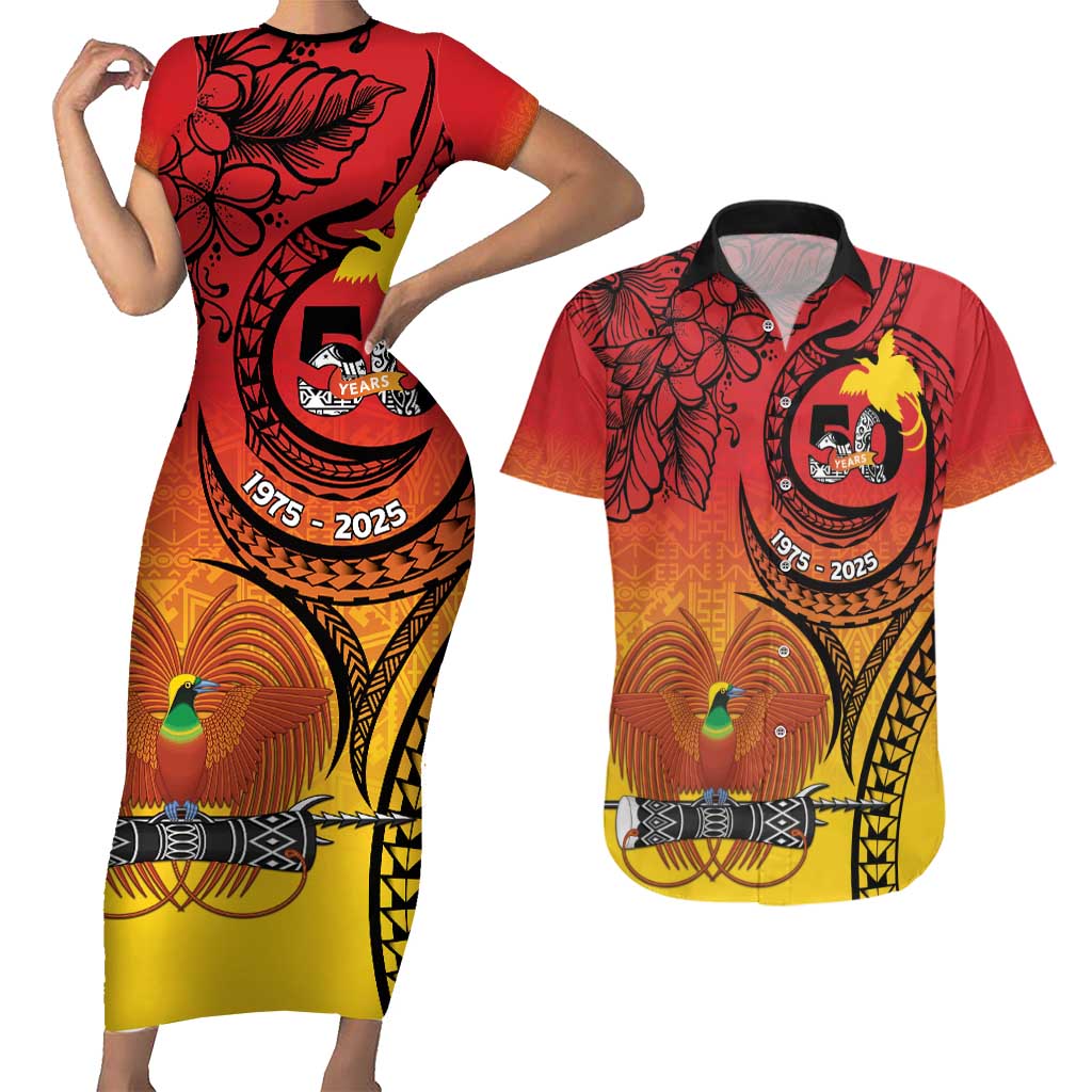 Papua New Guinea 50 Years Couples Matching Short Sleeve Bodycon Dress and Hawaiian Shirt Motuan Motifs