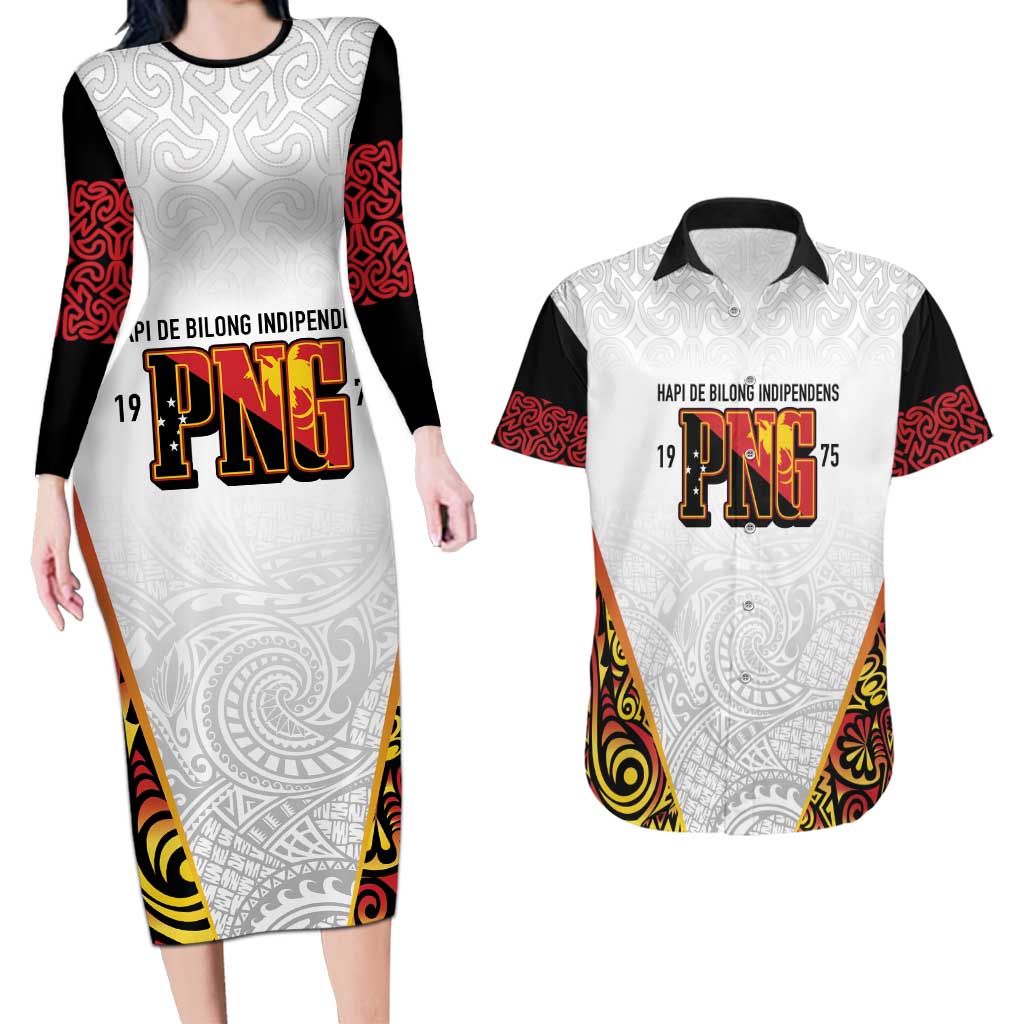 Personalized Papua New Guinea Couples Matching Long Sleeve Bodycon Dress and Hawaiian Shirt Hapi De bilong Indipendens PNG