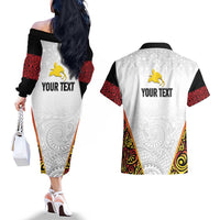 Personalized Papua New Guinea Couples Matching Off The Shoulder Long Sleeve Dress and Hawaiian Shirt Hapi De bilong Indipendens PNG