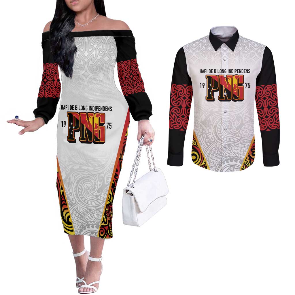 Personalized Papua New Guinea Couples Matching Off The Shoulder Long Sleeve Dress and Long Sleeve Button Shirt Hapi De bilong Indipendens PNG