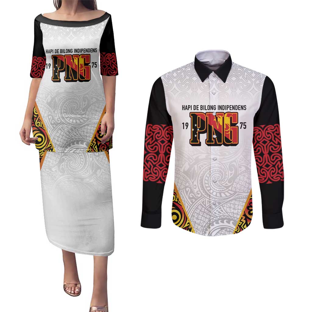 Personalized Papua New Guinea Couples Matching Puletasi and Long Sleeve Button Shirt Hapi De bilong Indipendens PNG