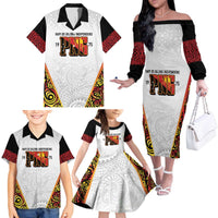 Personalized Papua New Guinea Family Matching Off The Shoulder Long Sleeve Dress and Hawaiian Shirt Hapi De bilong Indipendens PNG