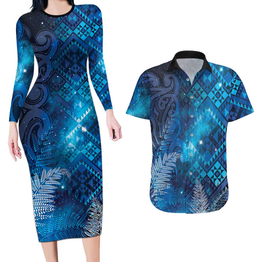Aotearoa Taniko Matariki Couples Matching Long Sleeve Bodycon Dress and Hawaiian Shirt Cosmic Blue LT7 Blue - Polynesian Pride