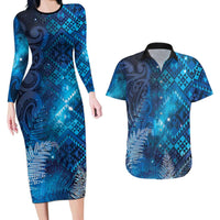 Aotearoa Taniko Matariki Couples Matching Long Sleeve Bodycon Dress and Hawaiian Shirt Cosmic Blue LT7 Blue - Polynesian Pride