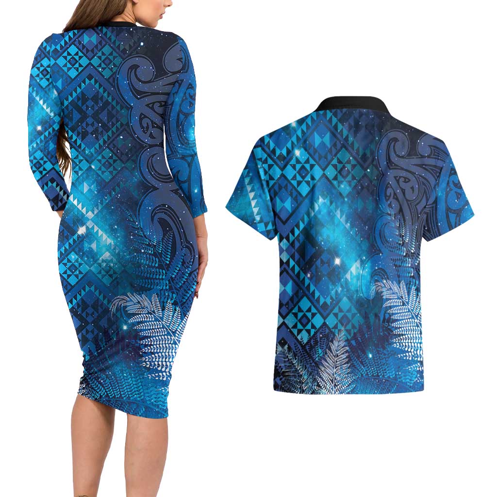 Aotearoa Taniko Matariki Couples Matching Long Sleeve Bodycon Dress and Hawaiian Shirt Cosmic Blue LT7 - Polynesian Pride