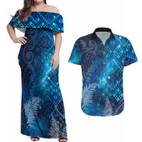 Aotearoa Taniko Matariki Couples Matching Off Shoulder Maxi Dress and Hawaiian Shirt Cosmic Blue