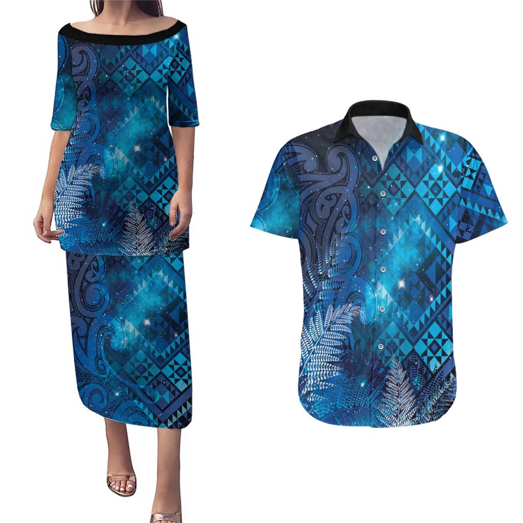 Aotearoa Taniko Matariki Couples Matching Puletasi and Hawaiian Shirt Cosmic Blue