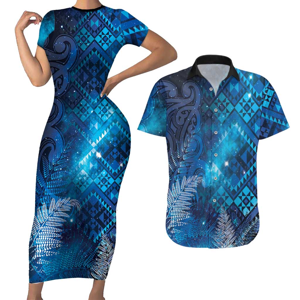 Aotearoa Taniko Matariki Couples Matching Short Sleeve Bodycon Dress and Hawaiian Shirt Cosmic Blue