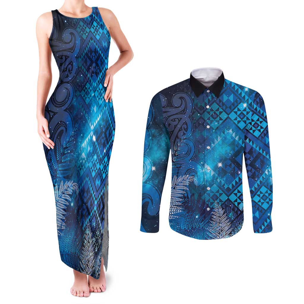 Aotearoa Taniko Matariki Couples Matching Tank Maxi Dress and Long Sleeve Button Shirt Cosmic Blue