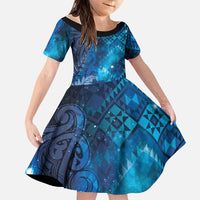 Aotearoa Taniko Matariki Family Matching Long Sleeve Bodycon Dress and Hawaiian Shirt Cosmic Blue LT7 Daughter's Dress Blue - Polynesian Pride