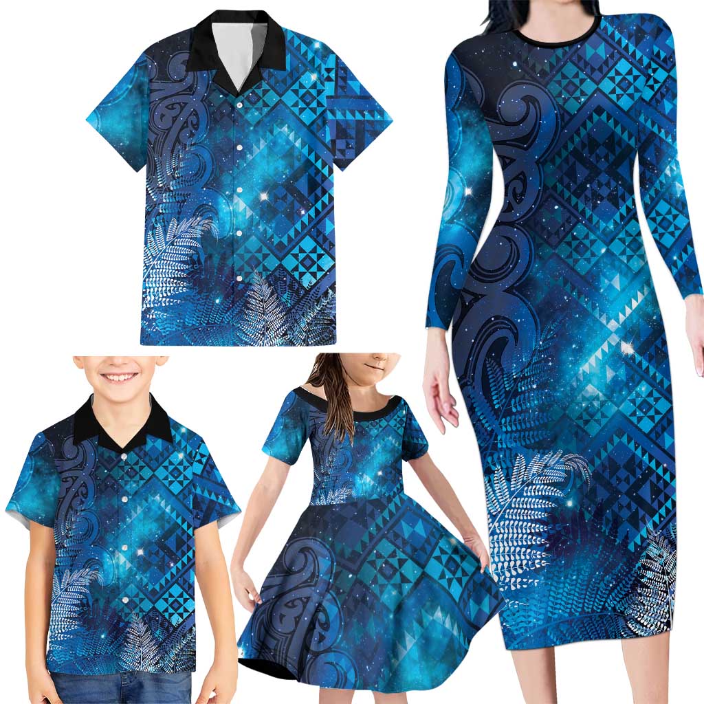 Aotearoa Taniko Matariki Family Matching Long Sleeve Bodycon Dress and Hawaiian Shirt Cosmic Blue