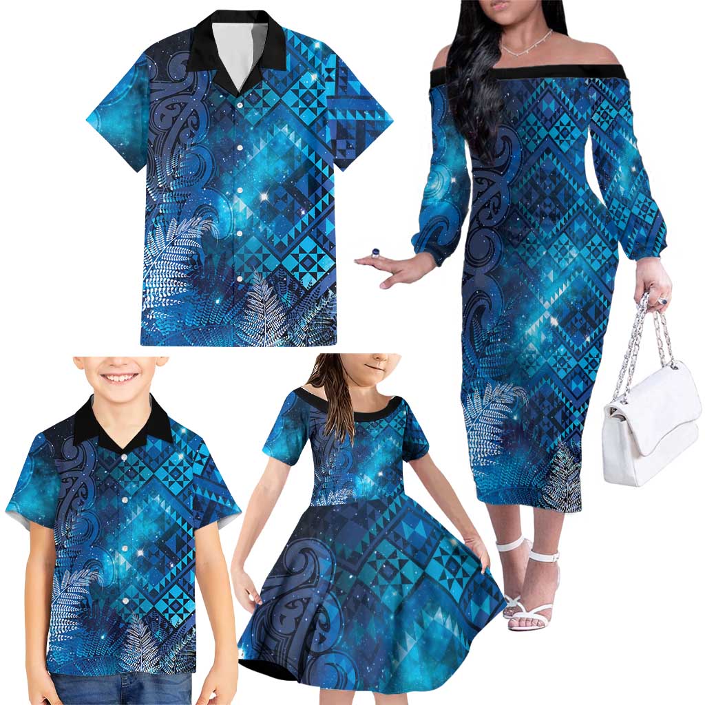 Aotearoa Taniko Matariki Family Matching Off The Shoulder Long Sleeve Dress and Hawaiian Shirt Cosmic Blue LT7 - Polynesian Pride