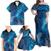 Aotearoa Taniko Matariki Family Matching Off Shoulder Maxi Dress and Hawaiian Shirt Cosmic Blue