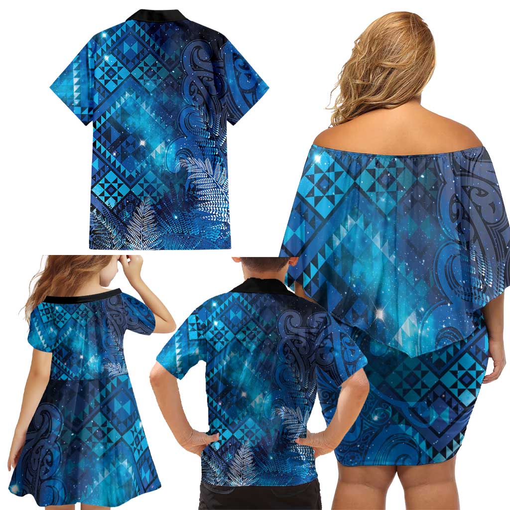 Aotearoa Taniko Matariki Family Matching Off Shoulder Short Dress and Hawaiian Shirt Cosmic Blue