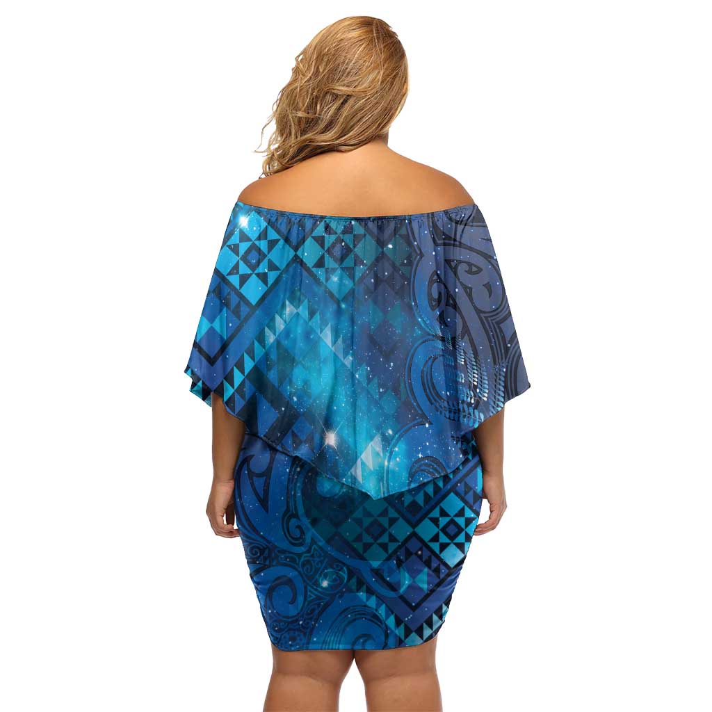 Aotearoa Taniko Matariki Family Matching Off Shoulder Short Dress and Hawaiian Shirt Cosmic Blue