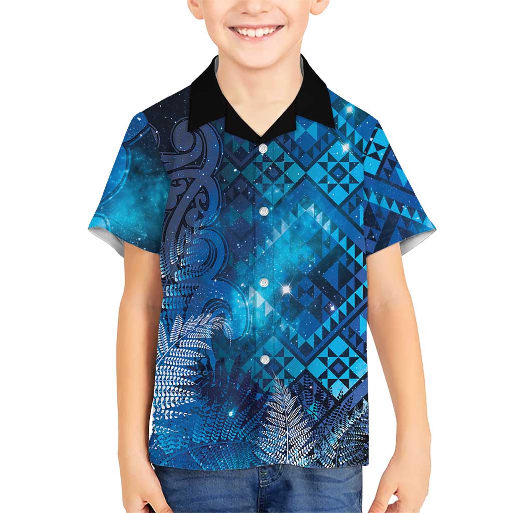Aotearoa Taniko Matariki Family Matching Short Sleeve Bodycon Dress and Hawaiian Shirt Cosmic Blue LT7 Son's Shirt Blue - Polynesian Pride