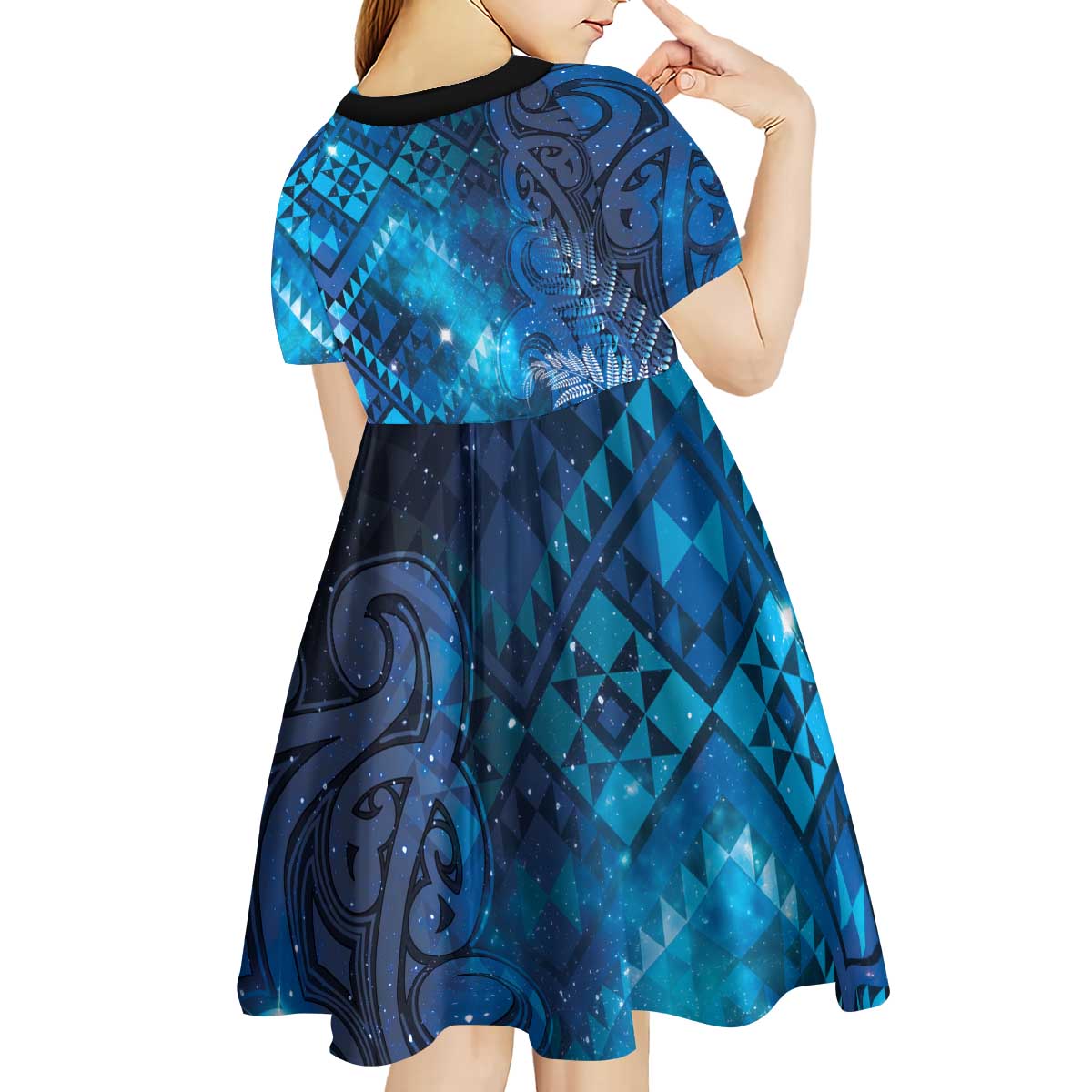 Aotearoa Taniko Matariki Kid Short Sleeve Dress Cosmic Blue