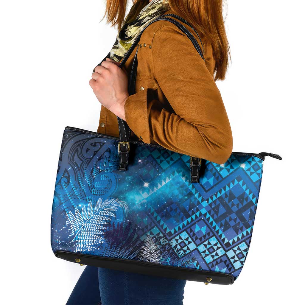 Aotearoa Taniko Matariki Leather Tote Bag Cosmic Blue