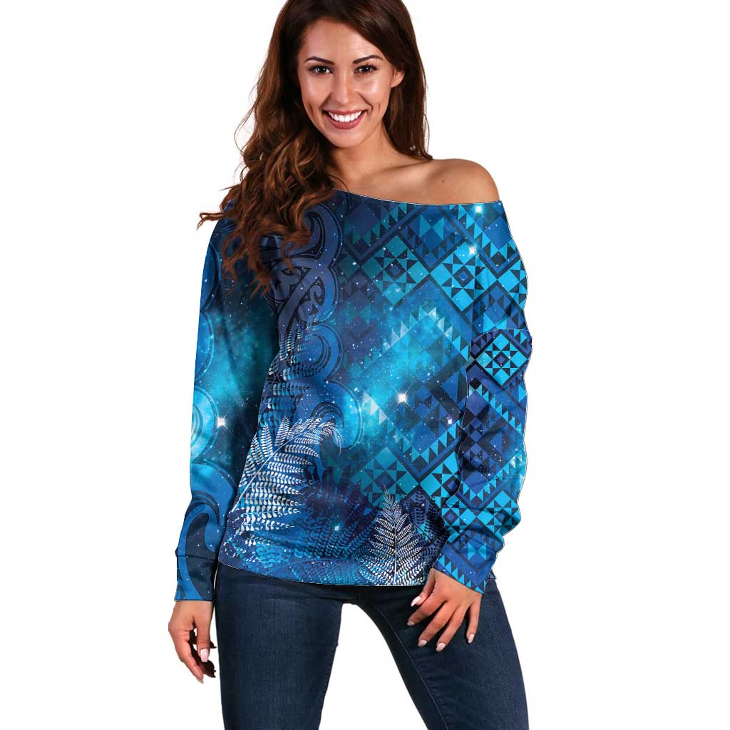 Aotearoa Taniko Matariki Off Shoulder Sweater Cosmic Blue