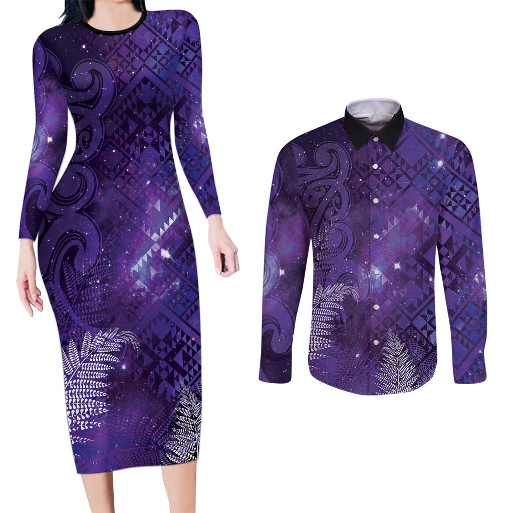 Aotearoa Taniko Matariki Couples Matching Long Sleeve Bodycon Dress and Long Sleeve Button Shirt Cosmic Violet