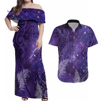Aotearoa Taniko Matariki Couples Matching Off Shoulder Maxi Dress and Hawaiian Shirt Cosmic Violet