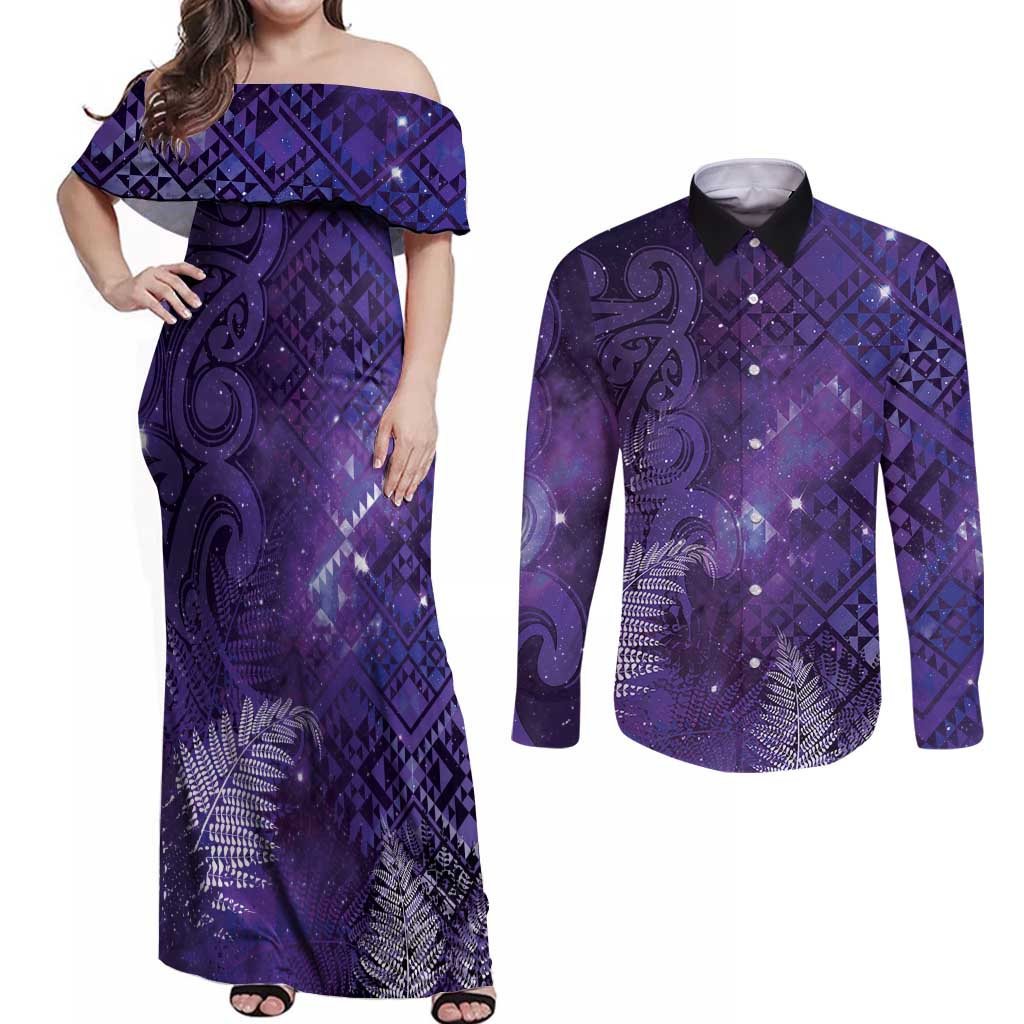 Aotearoa Taniko Matariki Couples Matching Off Shoulder Maxi Dress and Long Sleeve Button Shirt Cosmic Violet