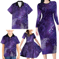 Aotearoa Taniko Matariki Family Matching Long Sleeve Bodycon Dress and Hawaiian Shirt Cosmic Violet LT7 - Polynesian Pride