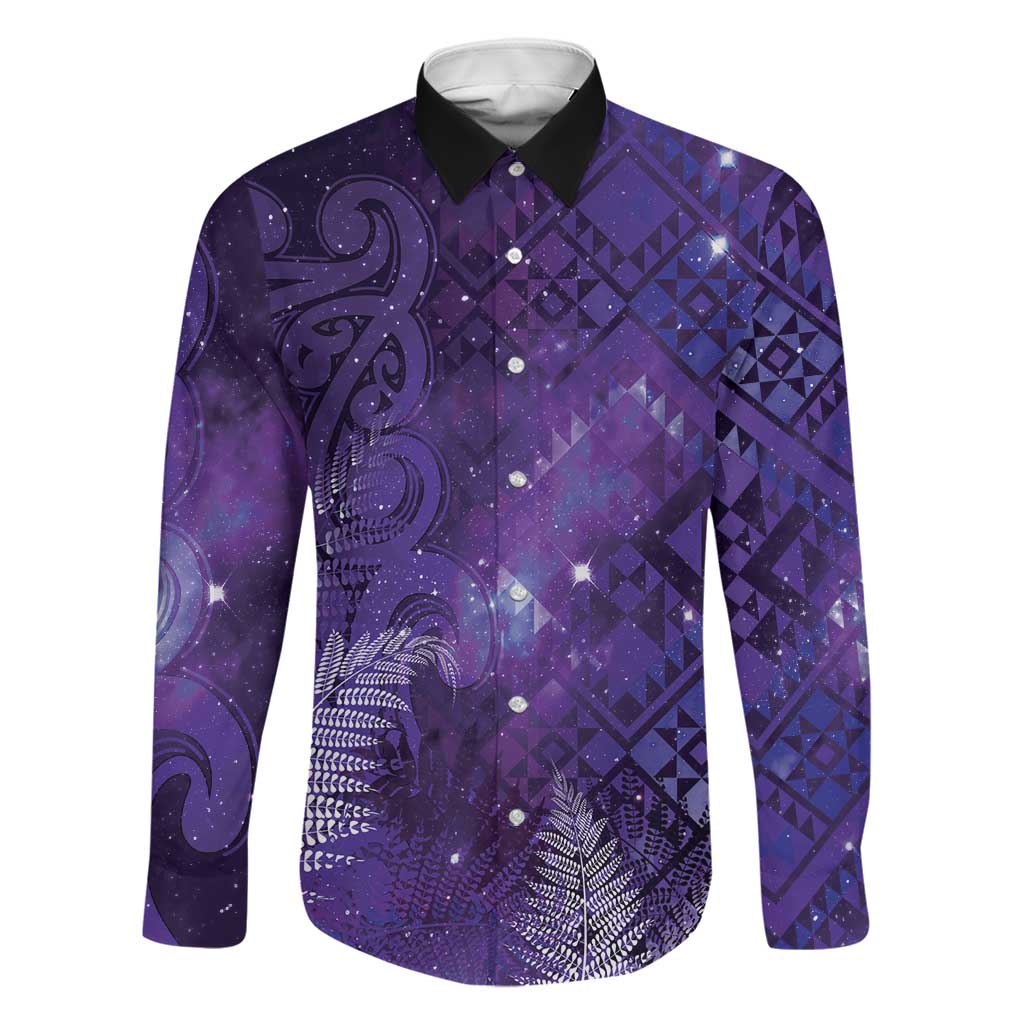 Aotearoa Taniko Matariki Family Matching Long Sleeve Bodycon Dress and Hawaiian Shirt Cosmic Violet LT7 Dad's Shirt - Long Sleeve Purple - Polynesian Pride