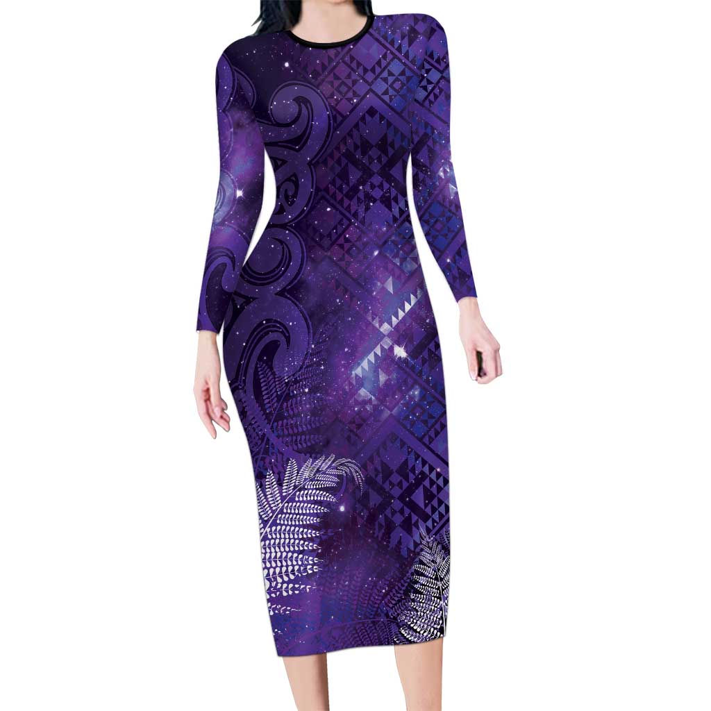 Aotearoa Taniko Matariki Family Matching Long Sleeve Bodycon Dress and Hawaiian Shirt Cosmic Violet LT7 Mom's Dress Purple - Polynesian Pride