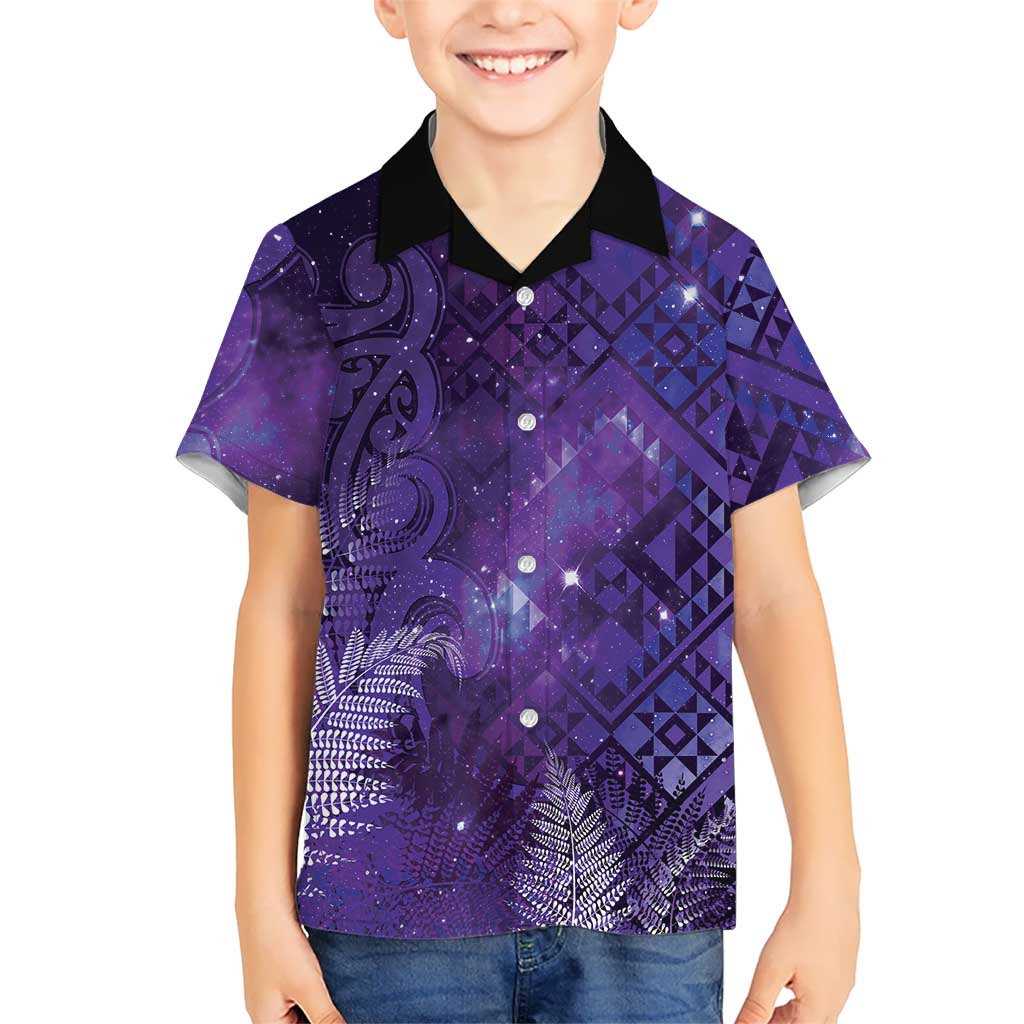 Aotearoa Taniko Matariki Family Matching Off The Shoulder Long Sleeve Dress and Hawaiian Shirt Cosmic Violet LT7 Son's Shirt Purple - Polynesian Pride