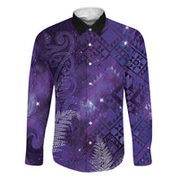 Aotearoa Taniko Matariki Family Matching Short Sleeve Bodycon Dress and Hawaiian Shirt Cosmic Violet LT7 Dad's Shirt - Long Sleeve Purple - Polynesian Pride