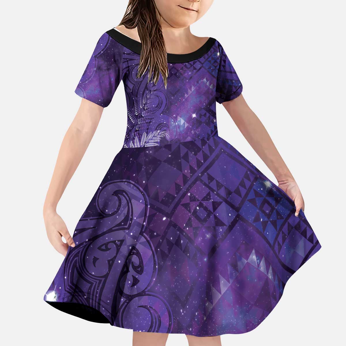 Aotearoa Taniko Matariki Kid Short Sleeve Dress Cosmic Violet