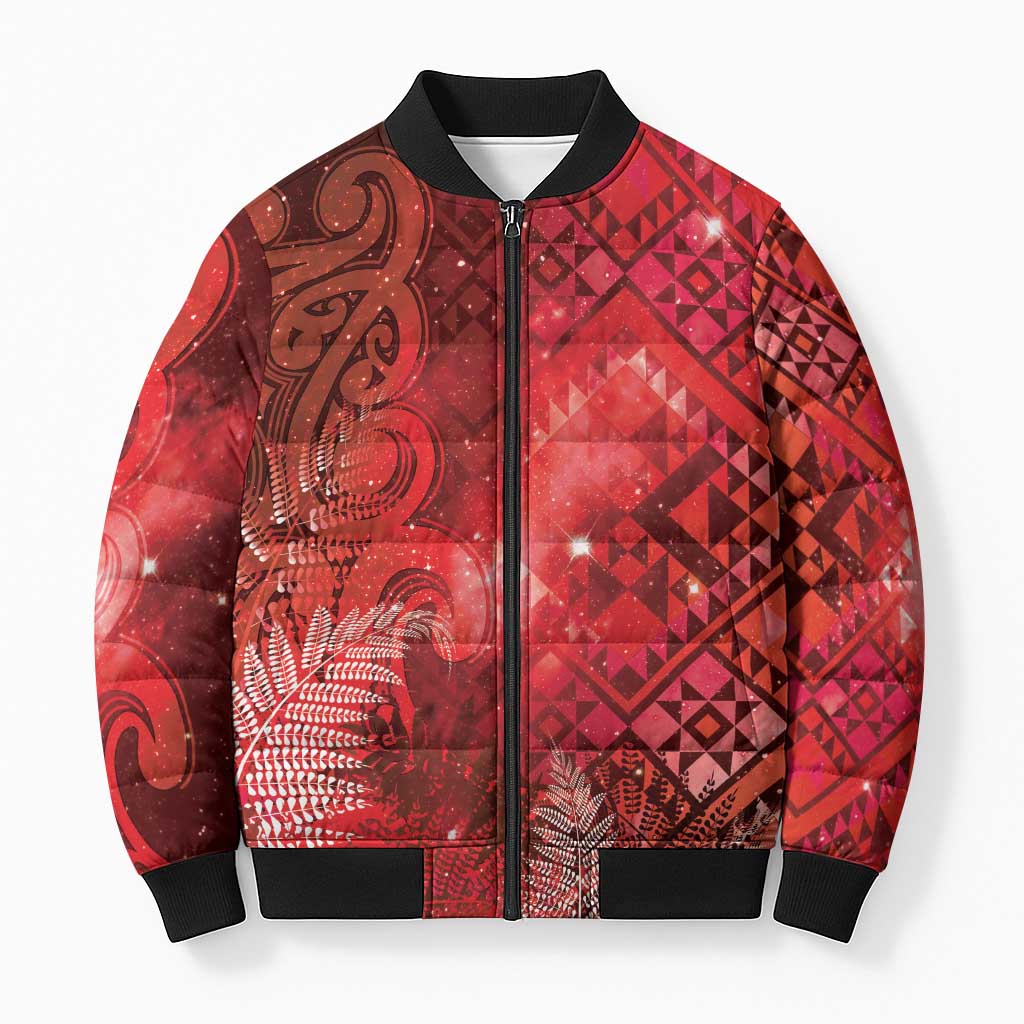 Aotearoa Taniko Matariki Bomber Puffer Jacket Cosmic Red