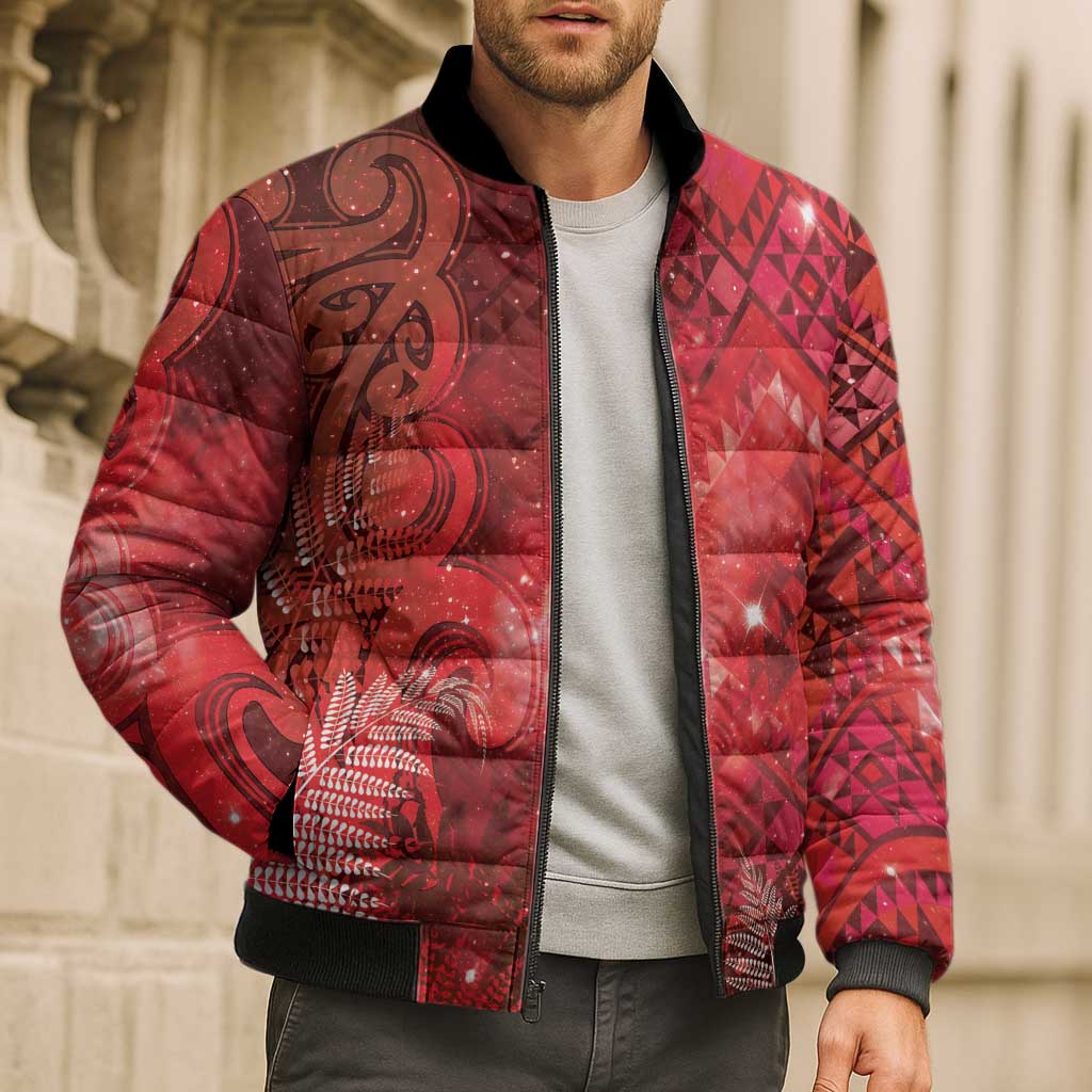 Aotearoa Taniko Matariki Bomber Puffer Jacket Cosmic Red