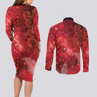 Aotearoa Taniko Matariki Couples Matching Long Sleeve Bodycon Dress and Long Sleeve Button Shirt Cosmic Red LT7 - Polynesian Pride