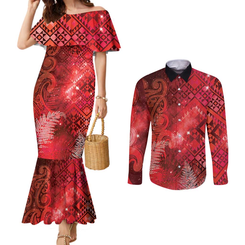 Aotearoa Taniko Matariki Couples Matching Mermaid Dress and Long Sleeve Button Shirt Cosmic Red