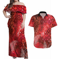 Aotearoa Taniko Matariki Couples Matching Off Shoulder Maxi Dress and Hawaiian Shirt Cosmic Red