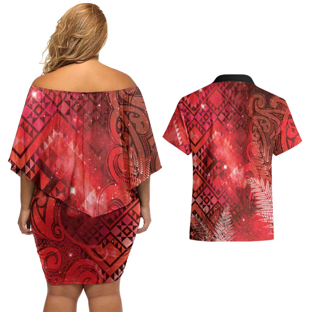 Aotearoa Taniko Matariki Couples Matching Off Shoulder Short Dress and Hawaiian Shirt Cosmic Red