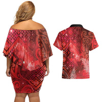 Aotearoa Taniko Matariki Couples Matching Off Shoulder Short Dress and Hawaiian Shirt Cosmic Red