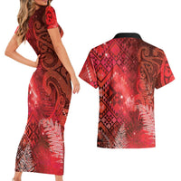 Aotearoa Taniko Matariki Couples Matching Short Sleeve Bodycon Dress and Hawaiian Shirt Cosmic Red