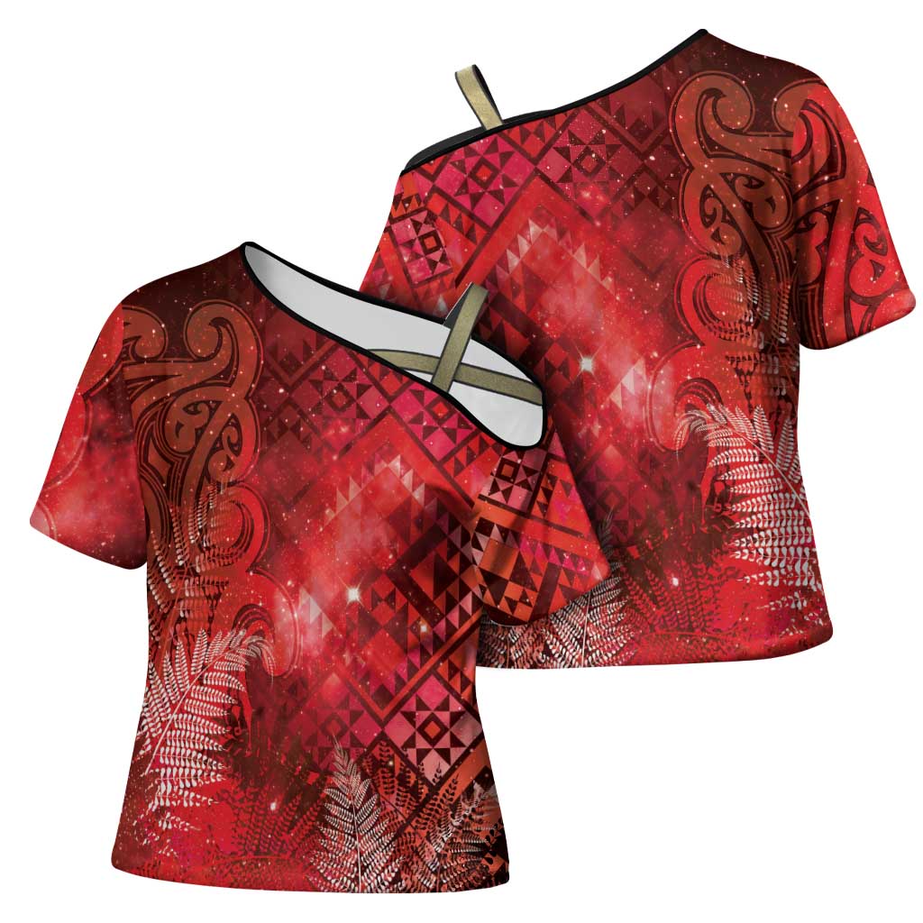 Aotearoa Taniko Matariki Cross Shoulder Shirt Cosmic Red